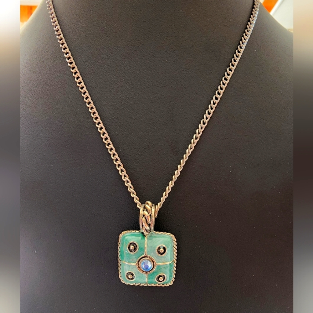 Vtg Artisan Silvertone & Enamel Pendant Necklace with Blue Crystal Accents